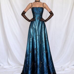 Vintage Y2K Blue Satin Ombre Floral Beaded Flared Mesh Maxi Prom Dress Size M/L